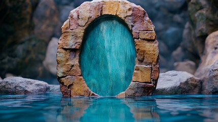 Enigmatic Stone Portal Surrounded by Tranquil Waters in a Serene Nature Setting