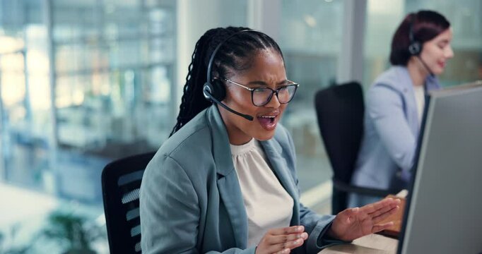 Businesswoman, computer and talking with mic for call center, sales research and consulting with client. Coworking, female consultant or headset in office for customer service, CRM help or discussion