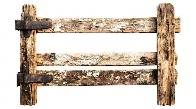 Rustic weathered wooden gate fragment with oxidized metal hinges