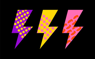 Modern bold lightning design with three vibrant color variations - pink, purple, and yellow- featuring intricate hippie-inspired patterns