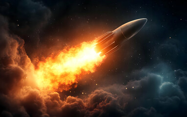 A dynamic rocket soaring into the cosmos, leaving a trail of fiery propulsion against a dark, cloud-filled sky.