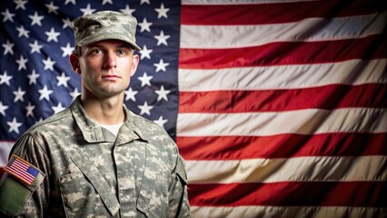 American soldier in combat uniform standing proud with the American flag in the background, brave, patriotic, military, uniform