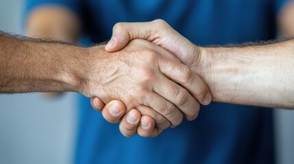 Fototapeta premium Two professional men shaking hands in a confident and successful business deal symbolizing partnership agreement and in a corporate office setting