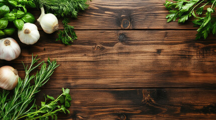 Fresh herbs and garlic on rustic wooden background