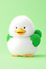 Fluffy chick stands, green accents, studio shot, simple light background
