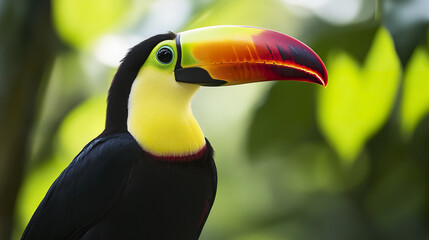 Fototapeta premium Majestic toucan with vibrant beak glowing in lush greenery