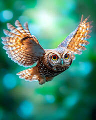 Flying owl soaring, wings spread, in a forest with bokeh background