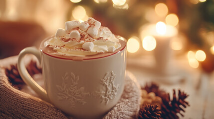 Cozy warm hot chocolate with marshmallows and cream in festive setting
