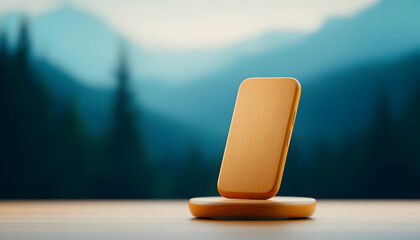 A modern wireless charger elegantly displayed against a scenic mountainous background, showcasing innovation and simplicity.