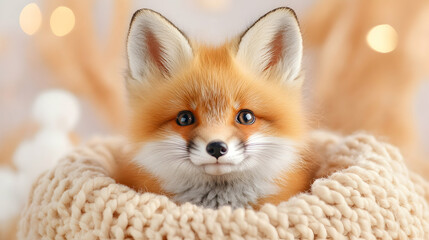 Fototapeta premium Fox pup nestled in cozy knitwear in studio with blurred decorative light background