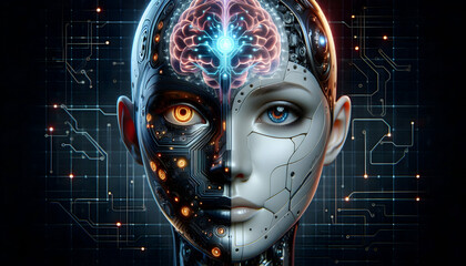 Consciousness Futuristic AI-human hybrid head with a half-digital, half-organic face, where the brain is a glowing4