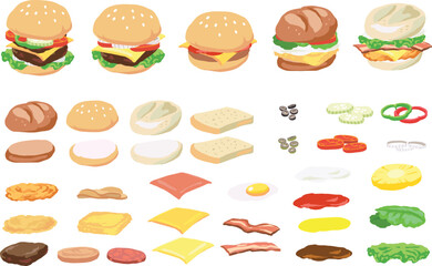 Customizable Burger Ingredients Vector Set: Buns, Meats, Cheese, and Toppings Illustrations