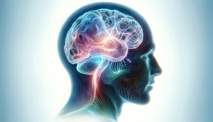 Consciousness Aesthetic, holographic-style rendering of a human head in side profile with a glowing, layered brain4