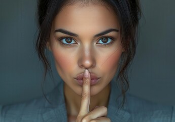 Fototapeta premium Young businesswoman in a gray suit with her index finger on her lips, against a white background, for a female employee's quiet gesture at work or in a corporate marketing advertising banner.