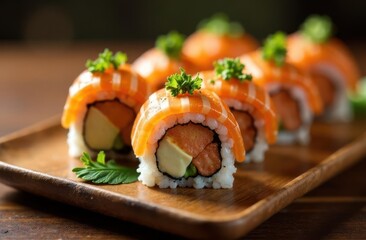 Delicious sushi rolls garnished with fresh herbs on a wooden plate