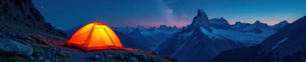 Glowing tent among Dolomites peaks, starlit sky, mountain, glow, night