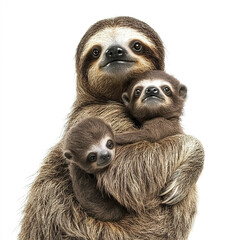 Fototapeta premium Sloth mother lovingly holding two baby sloths on white background
