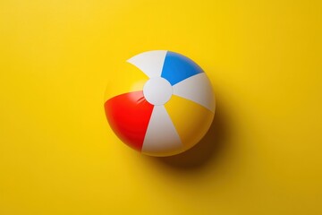 A colorful beach ball resting on a vibrant yellow surface
