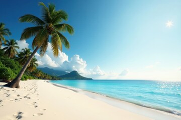 Obraz premium White sand, palm trees silhouette, distant island, landscape, background