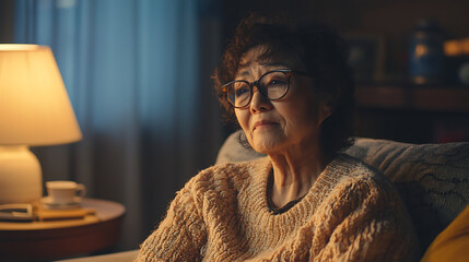 Fototapeta premium A confident mature chinese woman with short gray hair and glasses sits comfortably in a stylish living space, wearing a knitted sweater, reflecting peaceful contemplation.