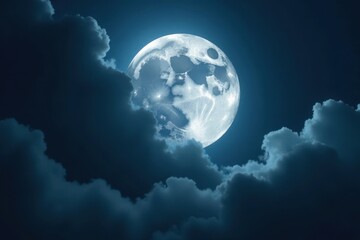 Ominous full moon shrouded by dark, swirling clouds , backdrop, silhouette