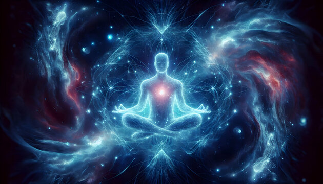 Consciousness A serene cosmic scene with a human figure in a meditative pose, created from intricate blue energy l3