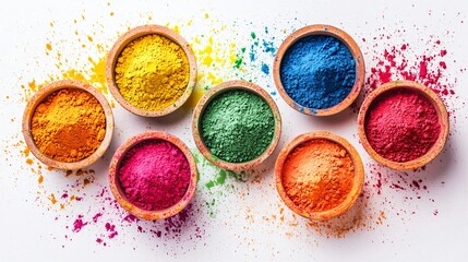 Vibrant Holi Powder Colors in Bowls Festive Indian Festival Celebration Top View