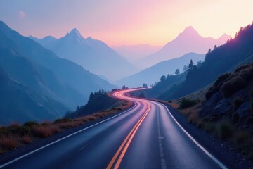 Abstract winding road fading into distance, misty mountains, calm, journey, dreamlike