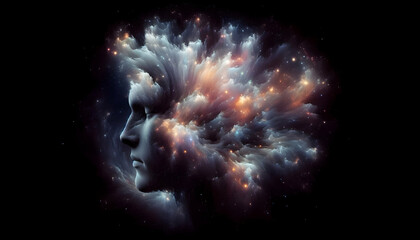 Consciousness A surreal profile of a human head, formed entirely from swirling clouds of luminous particles, set a3
