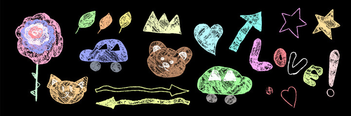 Kid chalk doodle. Crayon children color hand drawn vector. Sketch with paint brush and pencil texture for school illustration. Pastel baby painting heart, bear, star and arrow set on blackboard