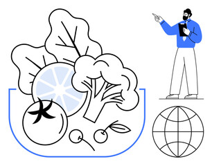 Nutritionist pointing at healthy food bowl containing broccoli, tomato, leafy greens, and citrus. Includes a globe for global health. Ideal for wellness, sustainability, education, diet health