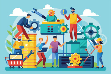 Naklejka premium Workers collaborate to fix machinery, using tools and equipment in a bright workshop filled with gears, people who repair machines