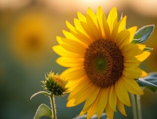 Obraz premium vibrant sunflower bathed in warm sunlight, with a smaller bud nearby, capturing the beauty of nature and the golden hour