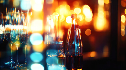 Empty glasses and bottle on reflective bar with colorful bokeh lights