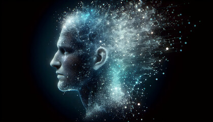 Consciousness A human head dissolving into particles of light, symbolizing the ephemeral and dynamic nature of tho2