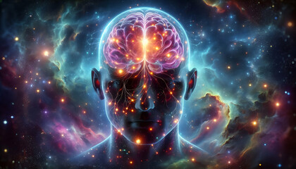 Consciousness A human head overlaid with a vibrant brain, illuminated by glowing nodes and neural pathways, set ag3