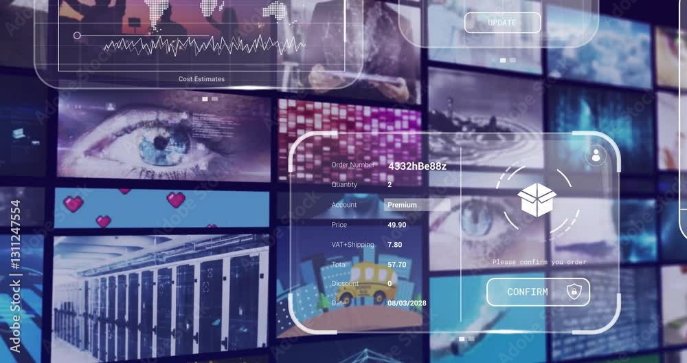 Poster data processing animation over digital interface with technology and eye visuals