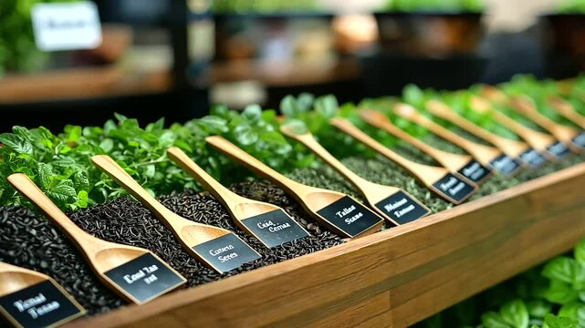 A traditional wooden tea organizer filled with fragrant loose teas, each labeled with handwritten tags. Wooden spoons hold samples of chamomile, green sencha, and delicate rose pet