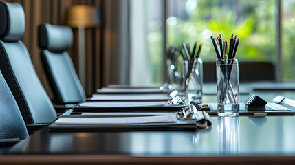 Conference table arrangement modern office photostock indoor setting close-up view organizational setup