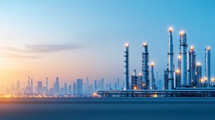 Stunning aerial view of a large industrial refinery complex with towering chimneys pipelines and storage tanks silhouetted against a vibrant sunset sky over a sprawling urban cityscape skyline