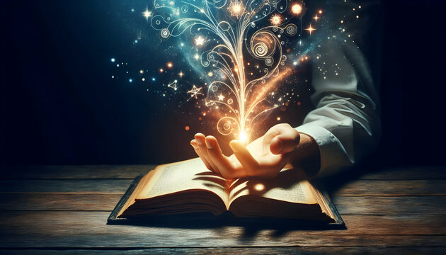Consciousness A hand resting on an open, glowing book with mystical particles floating upwards, representing the a3