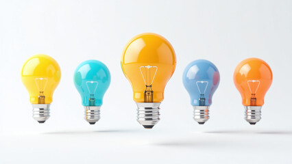 colorful light bulb icons float simple white background playful