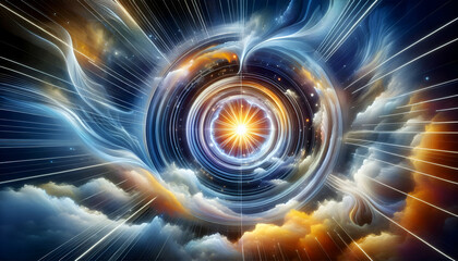 Consciousness A dynamic, abstract visualization of consciousness with a bright, radiant core at the center, surrou3