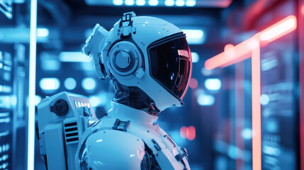 Futuristic astronaut in high-tech space station corridor