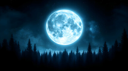 A stunning full moon illuminates a dark forest, casting mystical shadows and creating an enchanting nighttime atmosphere.
