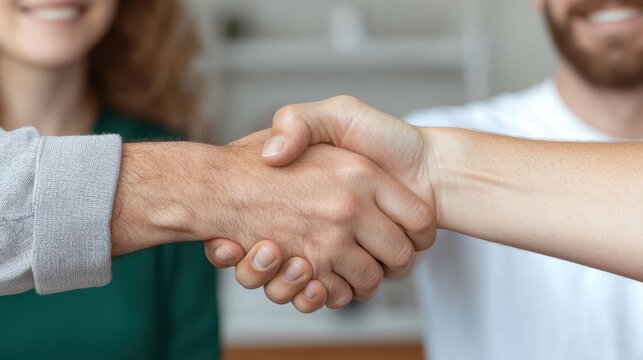 Successful handshake between two business partners or colleagues in a corporate office setting symbolizing a new agreement partnership or with trust and confidence