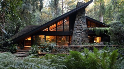 Modern A-frame house nestled in lush forest.