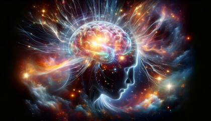 Obraz premium Consciousness A dynamic and intricate portrayal of consciousness, featuring a human profile with a glowing brain, 4