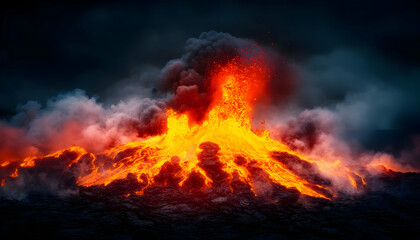 A stunning view of a volcanic eruption, showcasing fiery lava and thick smoke against a dark sky, highlighting nature's raw power.