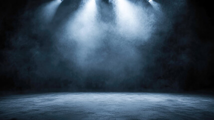 Empty stage with dramatic spotlights and mysterious atmosphere